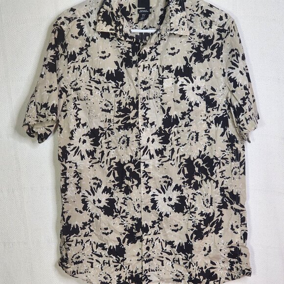 H&M Khaki Black Abstract Floral Print SS Cotton Button Up Regular Fit Shirt Sz M - Picture 4 of 16